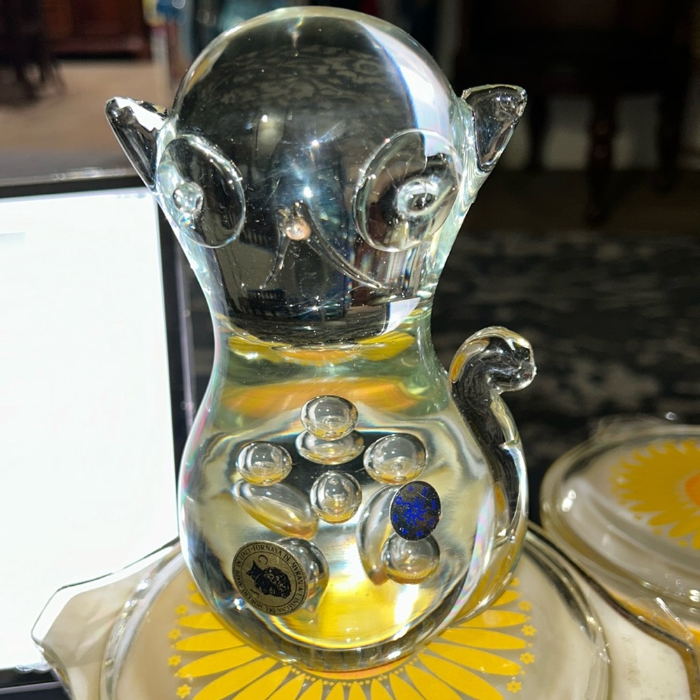 Murano Fornasa De Mvran clear Paperweight Glass Cat Sticker Italy